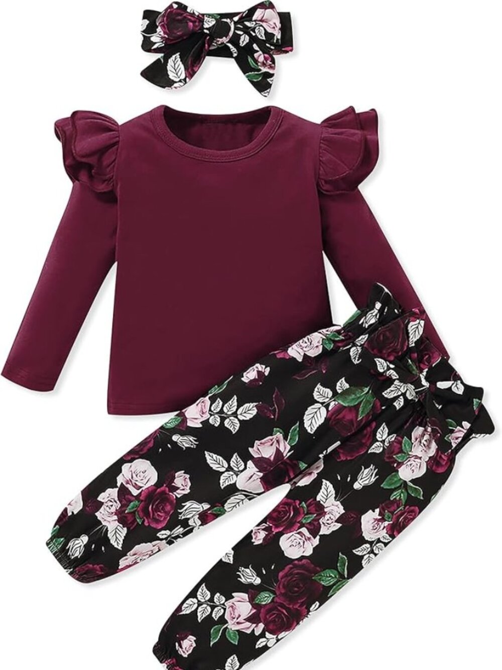 SANMIO Toddler Girl 3-Piece Outfit Set – Ruffle Top, Floral Pants & Headband